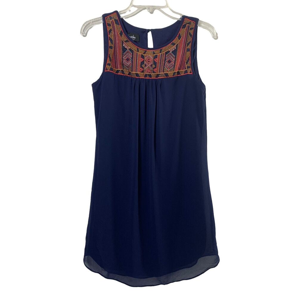 Womens Dress Size Medium Embroidered Sheer Yoke Sleeveless Navy Blue Comfy